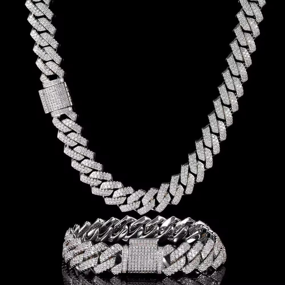 Cadena cubana + brazalete, 14mm baño de oro blanco 18k zirconia 5A