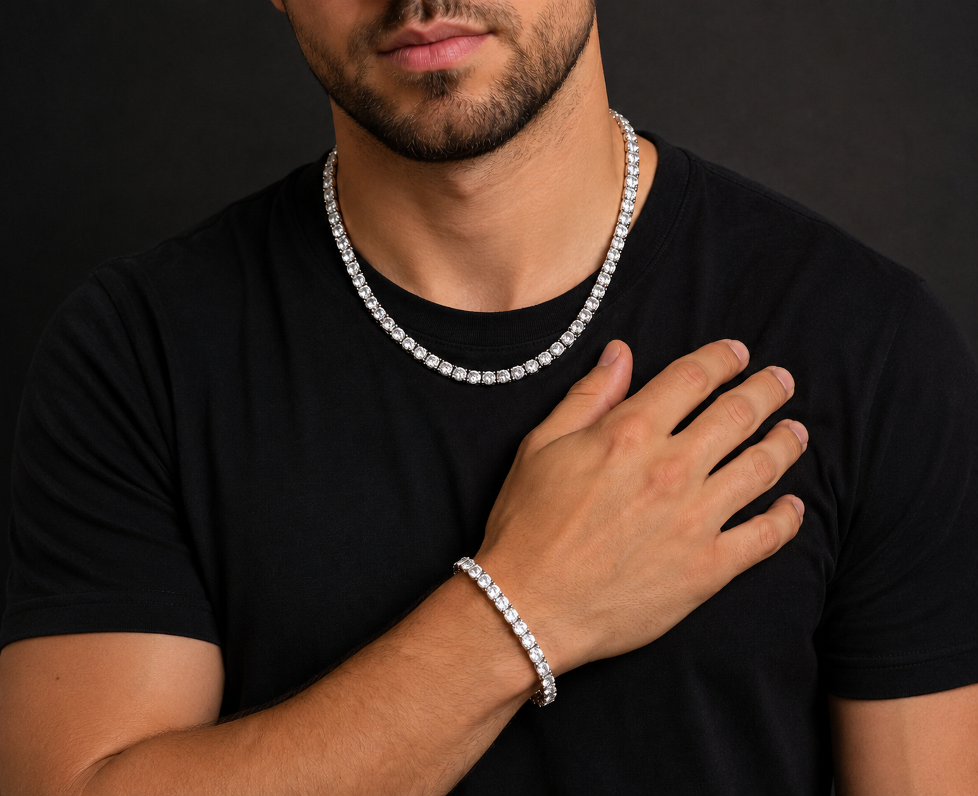 Conjunto cadena y pulsera Tennis 5mm full zirconia 5A baño de oro blanco 18k
