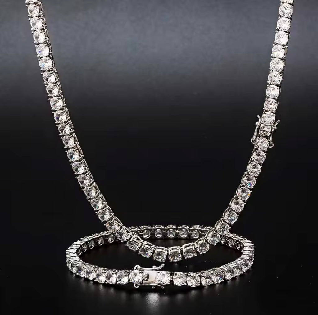 Conjunto cadena y pulsera Tennis 5mm full zirconia 5A baño de oro blanco 18k