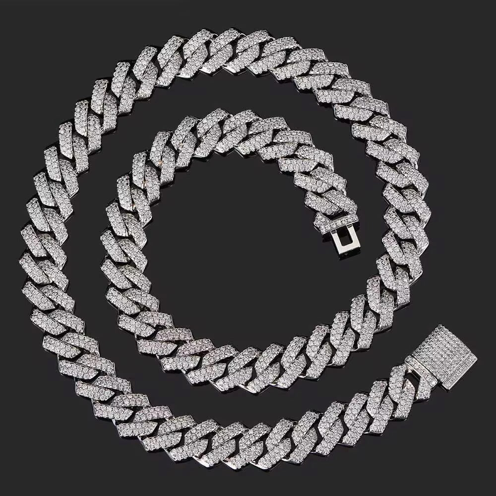 Cadena cubana + brazalete, 14mm baño de oro blanco 18k zirconia 5A
