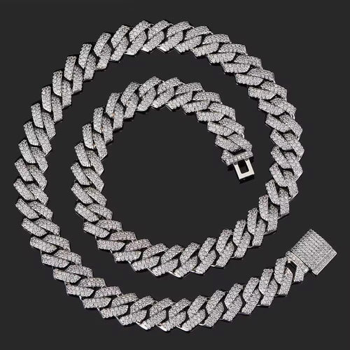 Cadena cubana + brazalete, 14mm baño de oro blanco 18k zirconia 5A