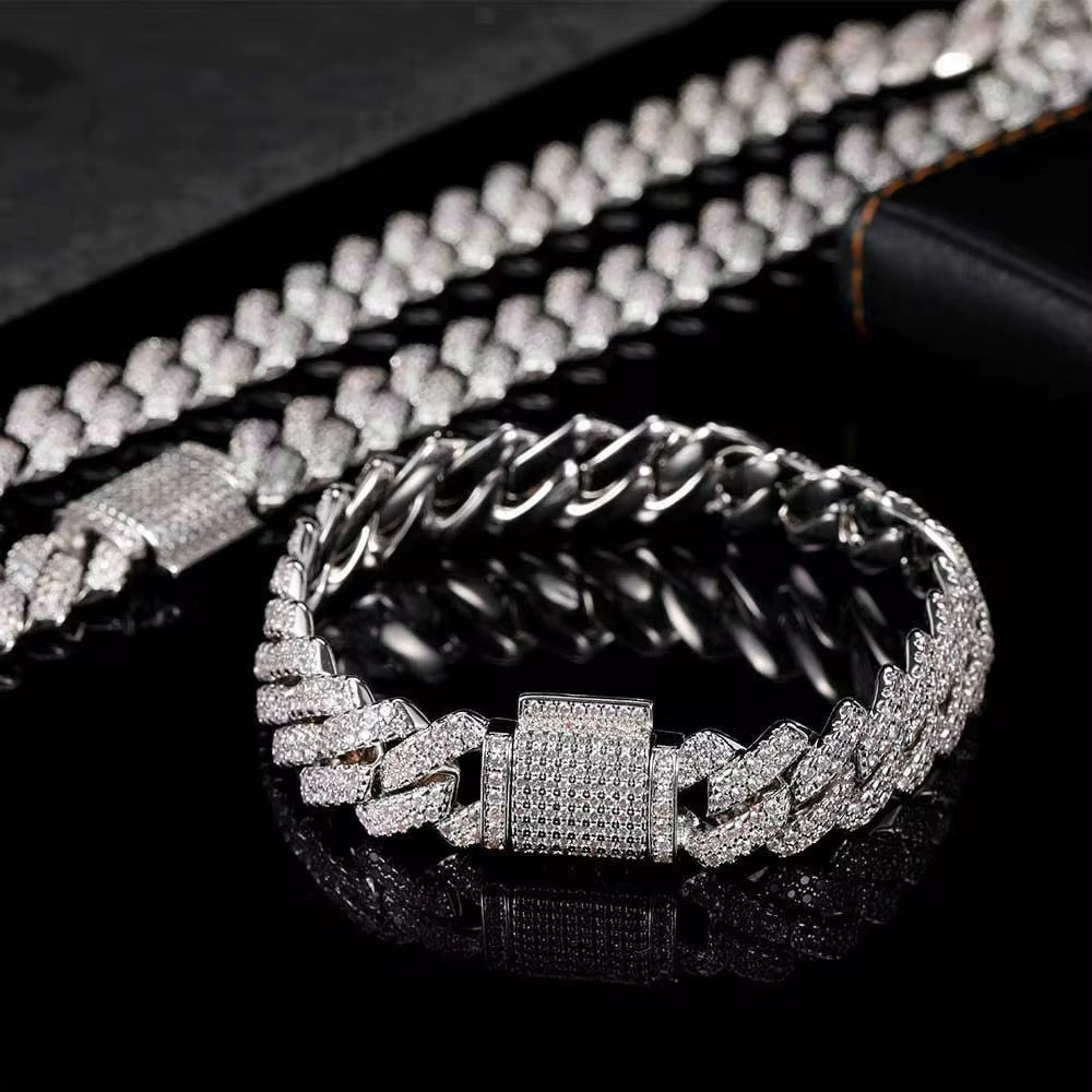 Cadena cubana + brazalete, 14mm baño de oro blanco 18k zirconia 5A